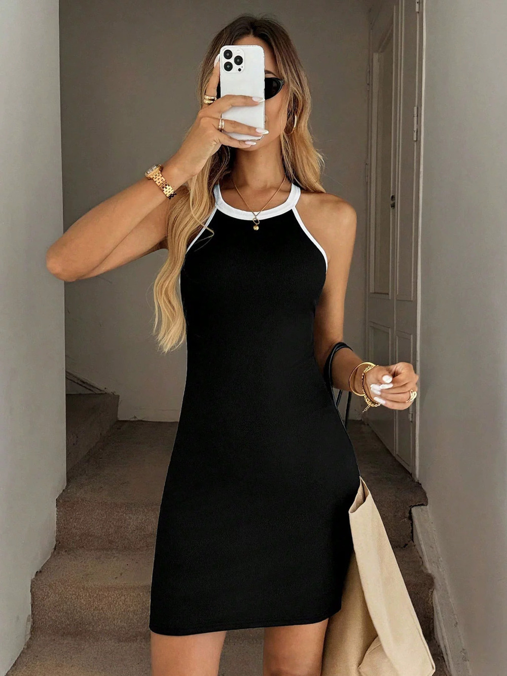 ZARA Black Color Block Sleeveless Summer Round Neck Slim Fit Tank Mini Dress